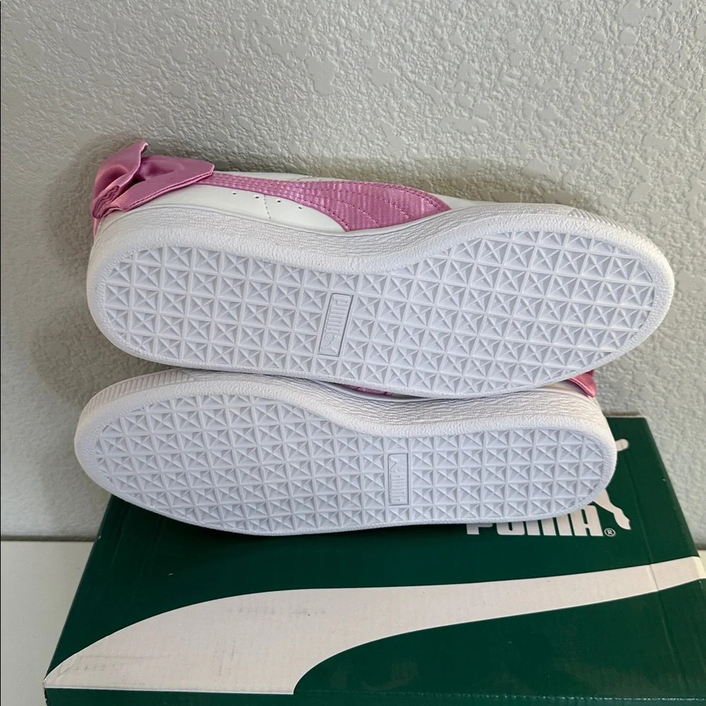 Puma Basket Low Varsity Bow Shoes Patent Leather White Orchid Gray Junior Size 5